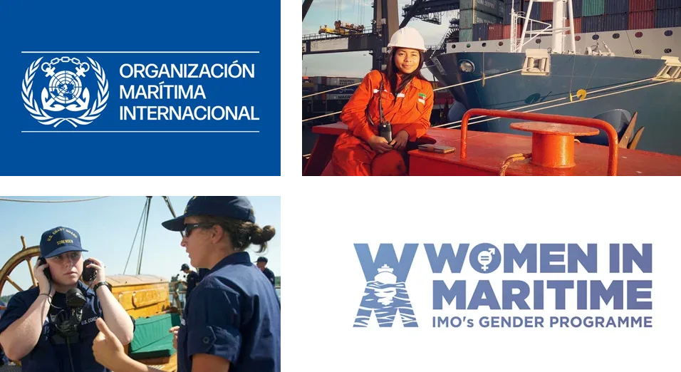 Collage de mujeres del sector marítimo con los logos de la OMI y Women in Maritime