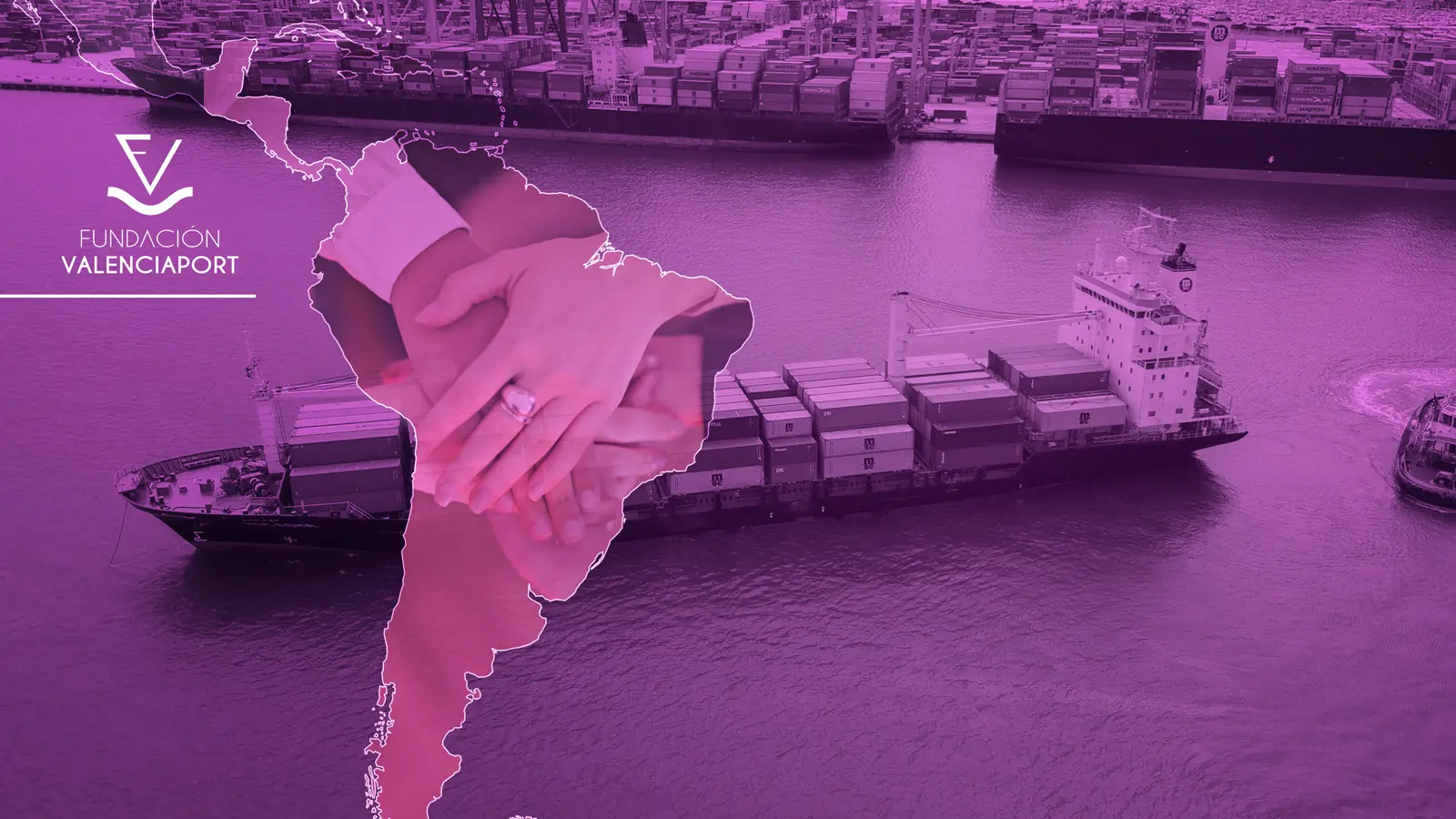Mapa de América Latina sobre una imagen de puerto, con el logo de Fundación Valenciaport