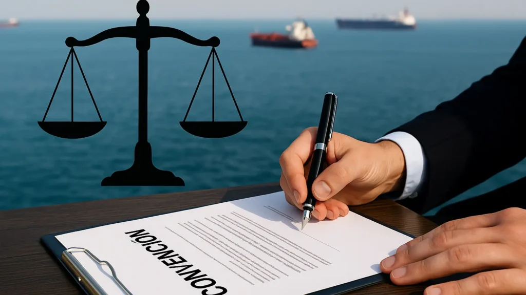 Balanza de la justicia y firma de un convenio sobre una imagen de buques